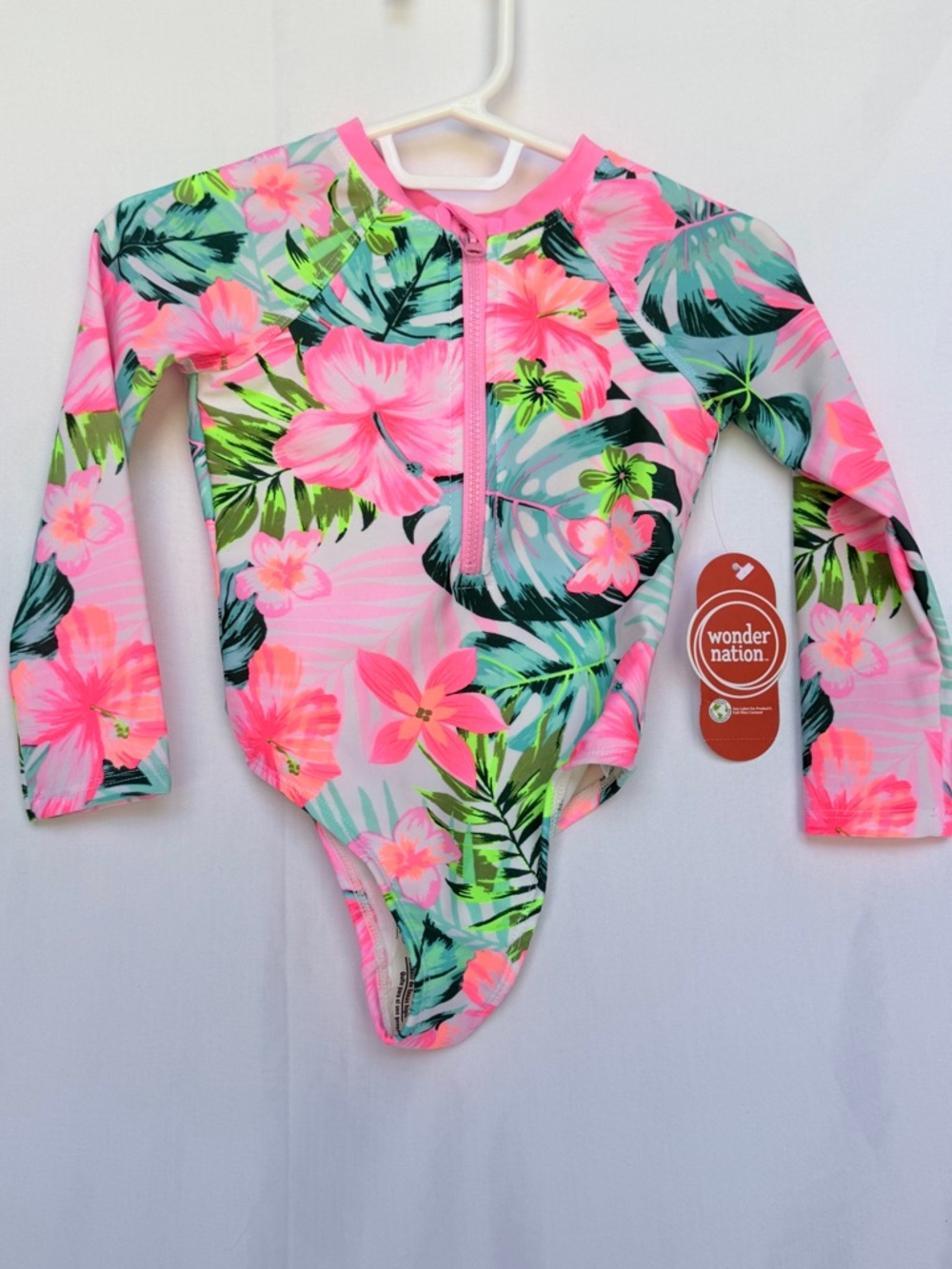 Wonder Nation Pink Floral Long Sleeve Zip-Front Rashguard One-Piece